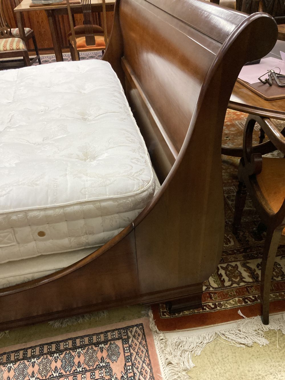 A reproduction French style mahogany sleigh bed, width 152cm together with an And So To Bed Oxbridge pocket sprung mattress